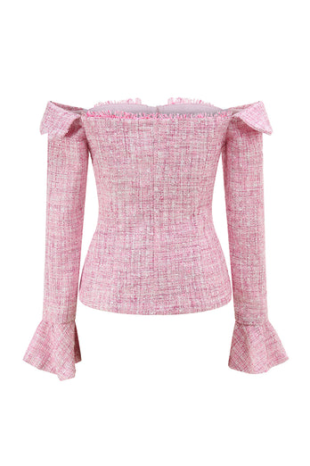 2 Piece Pink Off the Shoulder Tweed Pencil Prom Outfits