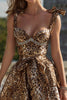 Load image into Gallery viewer, Sparkly Khaki Beaded Leopard Printed Short Prom Dress with Bows
