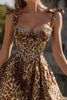 Load image into Gallery viewer, Sparkly Khaki Leopard Printed Corset Short Prom Dress with Bows
