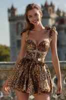 Load image into Gallery viewer, Sparkly Leopard Printed Khaki Short Prom Dress with Bows