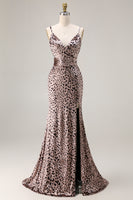 Load image into Gallery viewer, Golden Leopard V-Neck Mermaid Long Prom Dress with Slit