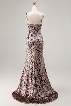 Golden Leopard V-Neck Mermaid Long Prom Dress with Slit