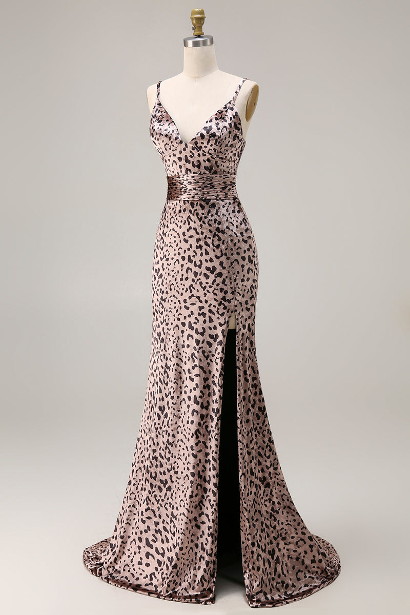Load image into Gallery viewer, Golden Leopard V-Neck Mermaid Long Prom Dress with Slit