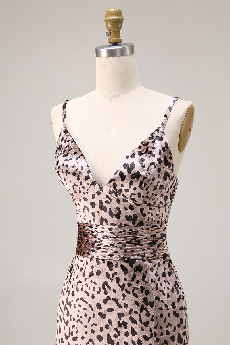 Load image into Gallery viewer, Golden Leopard V-Neck Mermaid Long Prom Dress with Slit