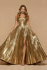Load image into Gallery viewer, Metallic Golden A Line Pleated V-Neck Long Prom Dress with Slit