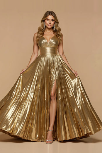Metallic Golden A Line Pleated V-Neck Long Prom Dress with Slit