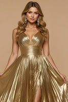 Load image into Gallery viewer, Metallic Golden A Line Pleated V-Neck Long Prom Dress with Slit