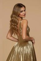 Load image into Gallery viewer, Metallic Golden A Line Pleated V-Neck Long Prom Dress with Slit