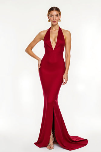 Red Mermaid Satin Long Holiday Party Dress with Slit