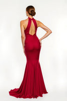 Load image into Gallery viewer, Red Mermaid Satin Long Holiday Party Dress with Slit
