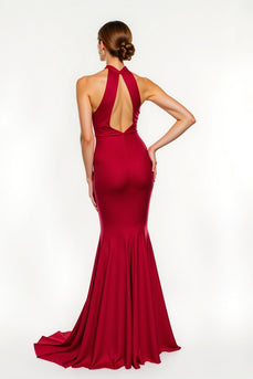 Red Mermaid Satin Long Holiday Party Dress with Slit