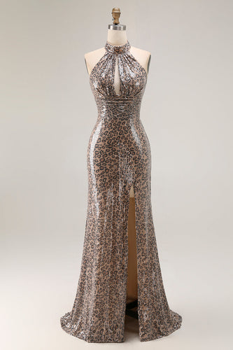 Sparkly Golden Leopard Mermaid Sequin Keyhole Long Prom Dress with Slit