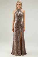 Load image into Gallery viewer, Sparkly Golden Leopard Mermaid Sequin Keyhole Long Prom Dress with Slit