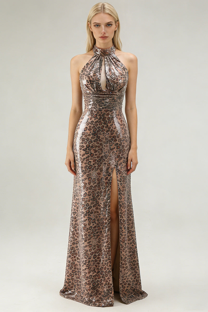 Load image into Gallery viewer, Sparkly Golden Leopard Mermaid Sequin Keyhole Long Prom Dress with Slit