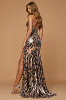 Load image into Gallery viewer, Sparkly Golden Sheath Leopard Long Holiday Party Dress with Slit