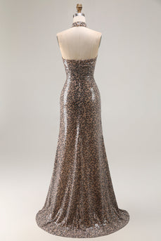 Sparkly Golden Leopard Mermaid Sequin Keyhole Long Prom Dress with Slit