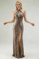 Load image into Gallery viewer, Sparkly Golden Leopard Mermaid Sequin Keyhole Long Prom Dress with Slit