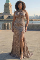 Load image into Gallery viewer, Sparkly Golden Leopard Mermaid Sequin Keyhole Long Prom Dress with Slit