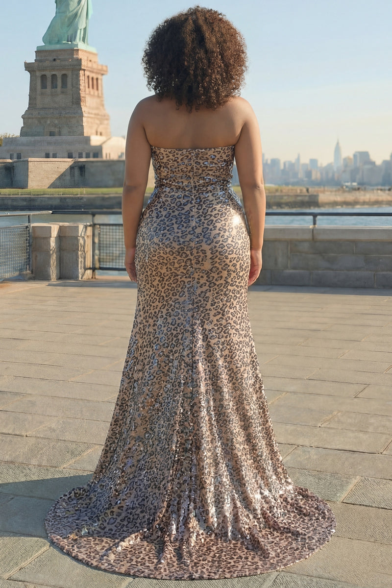 Load image into Gallery viewer, Sparkly Golden Leopard Mermaid Sequin Keyhole Long Prom Dress with Slit
