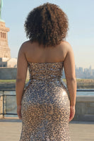Load image into Gallery viewer, Sparkly Plus Size Golden Leopard Mermaid Sequins Long Keyhole Prom Dress with Slit