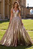 Load image into Gallery viewer, Golden Metallic A Line V-Neck Long Prom Dress with Slit