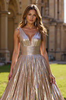 Load image into Gallery viewer, Golden Metallic A Line V-Neck Long Prom Dress with Slit