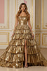 Load image into Gallery viewer, Sparkly Golden A Line Metallic Tiered Long Prom Dress with Slit