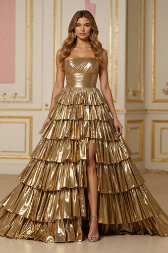 Sparkly Golden A Line Metallic Tiered Long Prom Dress with Slit