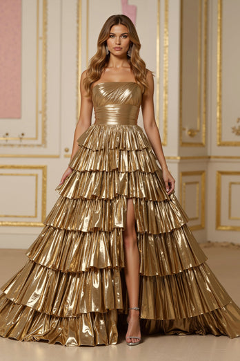 Sparkly Golden A Line Metallic Tiered Long Prom Dress with Slit