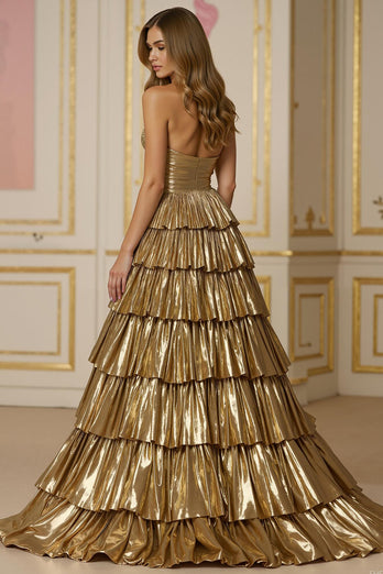 Sparkly Golden A Line Metallic Tiered Long Prom Dress with Slit