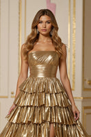 Load image into Gallery viewer, Sparkly Golden A Line Metallic Tiered Long Prom Dress with Slit