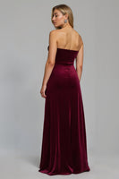 Load image into Gallery viewer, Burgundy Ruched Strapless Long Holiday Party Dress with Slit