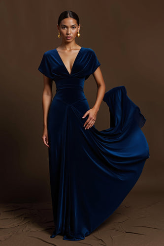 Royal Blue V-Neck A Line Long Holiday Party Dress with Sleeves