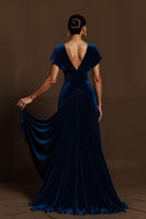 Load image into Gallery viewer, Royal Blue V-Neck A Line Long Holiday Party Dress with Sleeves