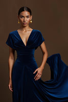 Load image into Gallery viewer, Royal Blue V-Neck A Line Long Holiday Party Dress with Sleeves
