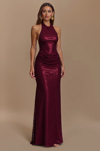 Glitter Burgundy Sheath Halter Ruched Long Holiday Party Dress