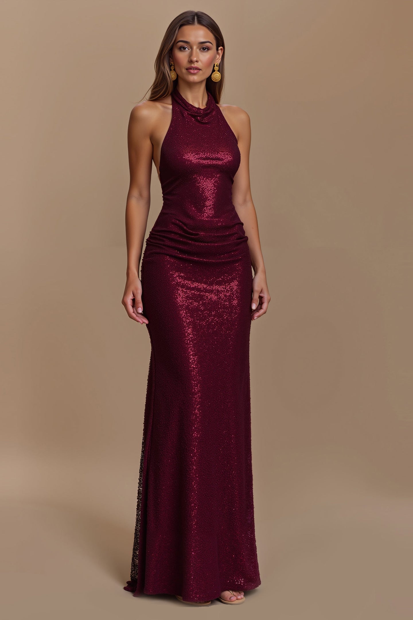 Glitter Burgundy Sheath Halter Ruched Long Holiday Party Dress