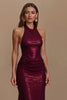 Load image into Gallery viewer, Glitter Burgundy Sheath Halter Ruched Long Holiday Party Dress