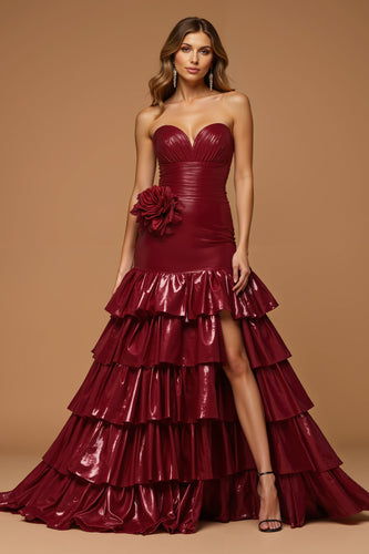 Metallic Burgundy Tiered Sweetheart Long Prom Dress with Slit