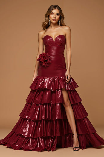 Metallic Burgundy Tiered Sweetheart Long Prom Dress with Slit