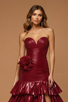 Load image into Gallery viewer, Metallic Burgundy Tiered Sweetheart Long Prom Dress with Slit