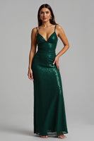 Load image into Gallery viewer, Sparkly Dark Green Long Sheath Holiday Party Dress with Slit