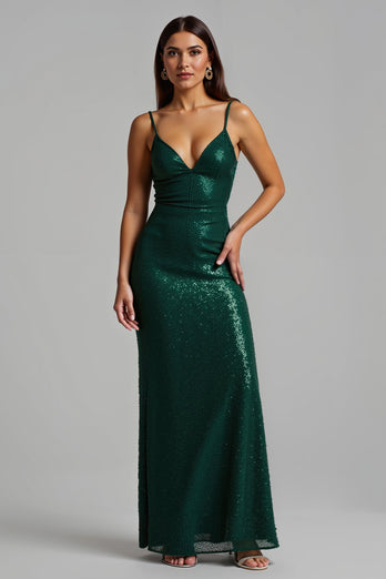 Sparkly Dark Green Long Sheath Holiday Party Dress with Slit