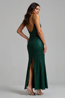 Load image into Gallery viewer, Sparkly Dark Green Long Sheath Holiday Party Dress with Slit