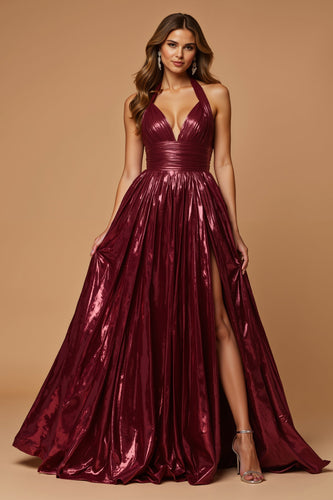 Metallic Burgundy A Line Halter Long Prom Dress with Slit