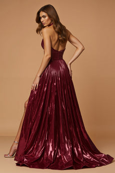 Metallic Burgundy A Line Halter Long Prom Dress with Slit