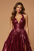 Load image into Gallery viewer, Metallic Burgundy A Line Halter Long Prom Dress with Slit