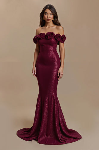 Sparkly Burgundy Long Off the Shoulder Holiday Party Dress with 3D Flower