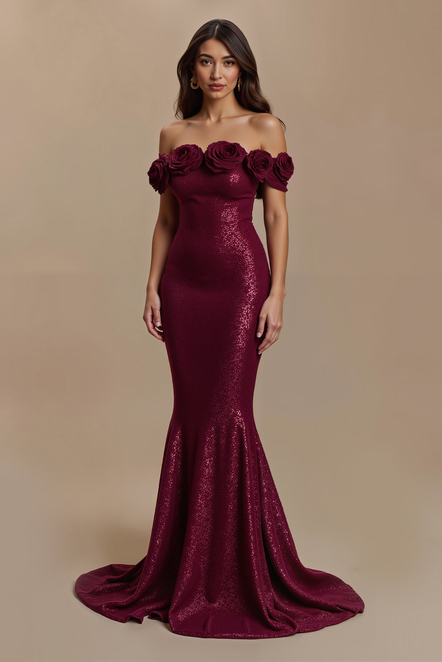 Sparkly Burgundy Long Off the Shoulder Holiday Party Dress with 3D Flower
