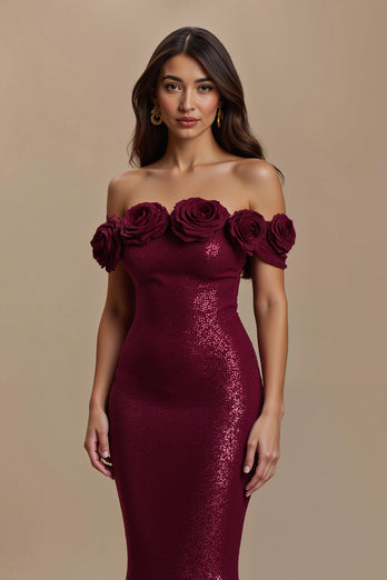 Sparkly Burgundy Long Off the Shoulder Holiday Party Dress with 3D Flower